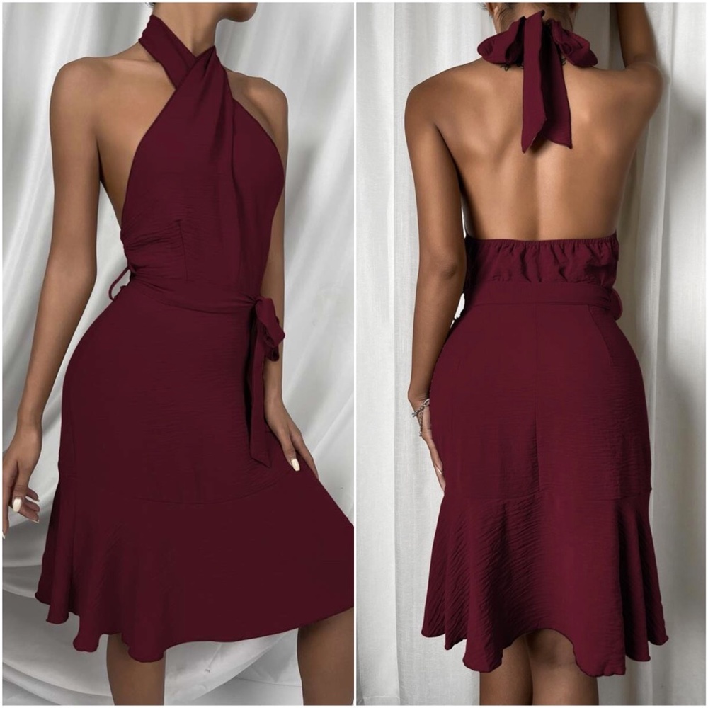 Mocha Brown Twist Halter Ruffle Midi Dress Belted - Picture 9 of 10